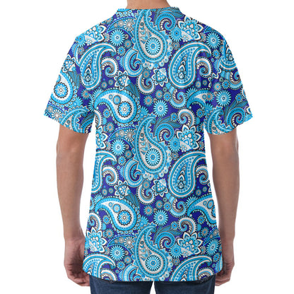 Blue Paisley Pattern Print Men's Velvet T-Shirt