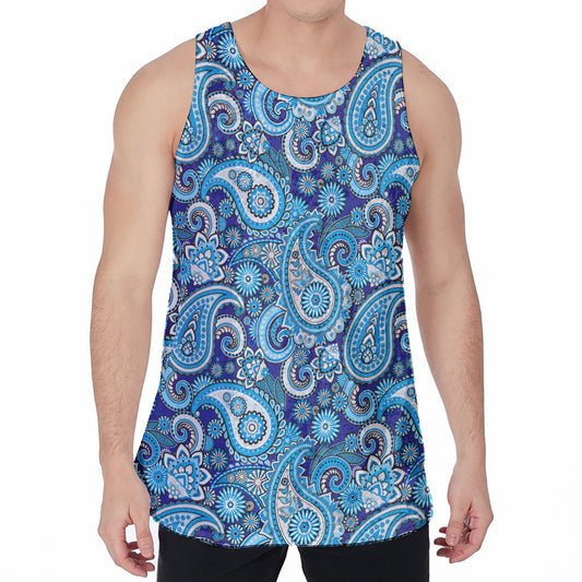 Blue Paisley Pattern Print Men's Velvet Tank Top