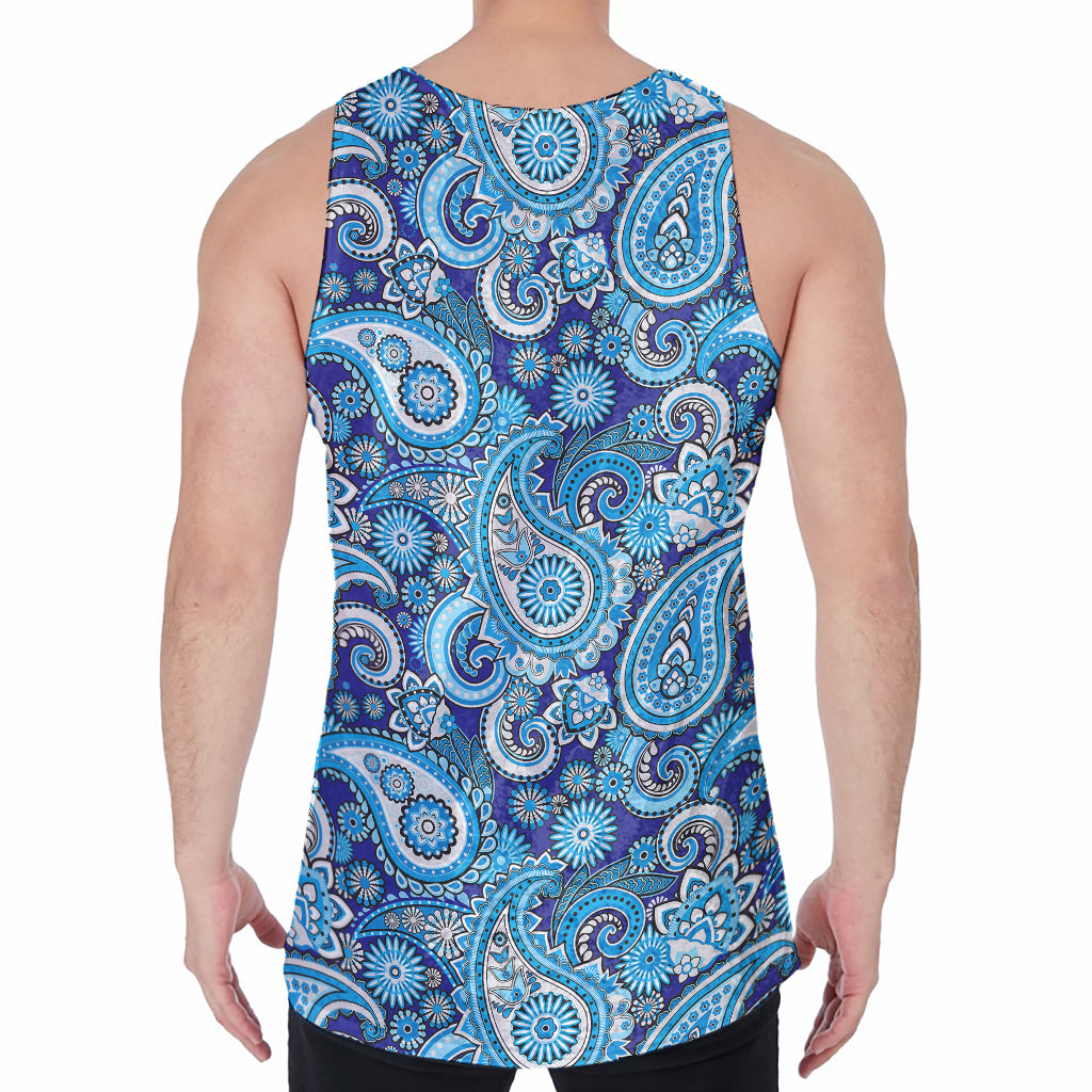 Blue Paisley Pattern Print Men's Velvet Tank Top