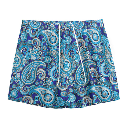 Blue Paisley Pattern Print Mesh Shorts
