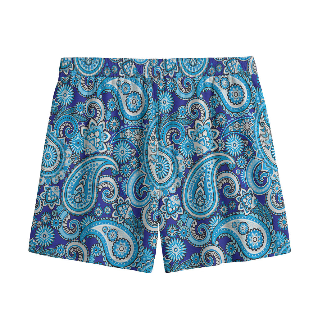 Blue Paisley Pattern Print Mesh Shorts