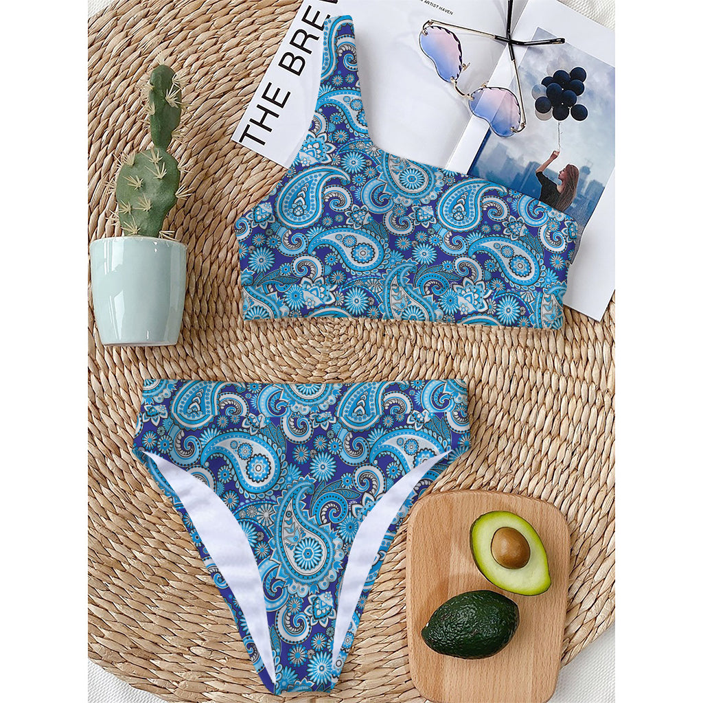 Blue Paisley Pattern Print One Shoulder Bikini Top