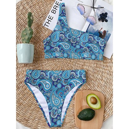Blue Paisley Pattern Print One Shoulder Bikini Top