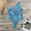 Blue Paisley Pattern Print One Shoulder Bodysuit