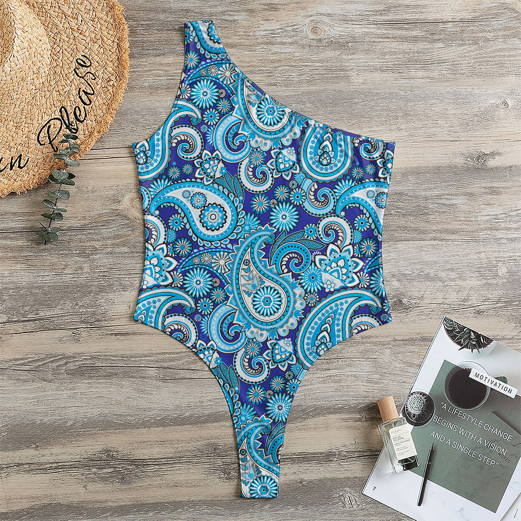 Blue Paisley Pattern Print One Shoulder Bodysuit