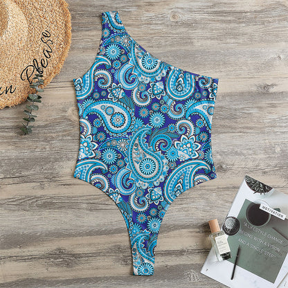 Blue Paisley Pattern Print One Shoulder Bodysuit