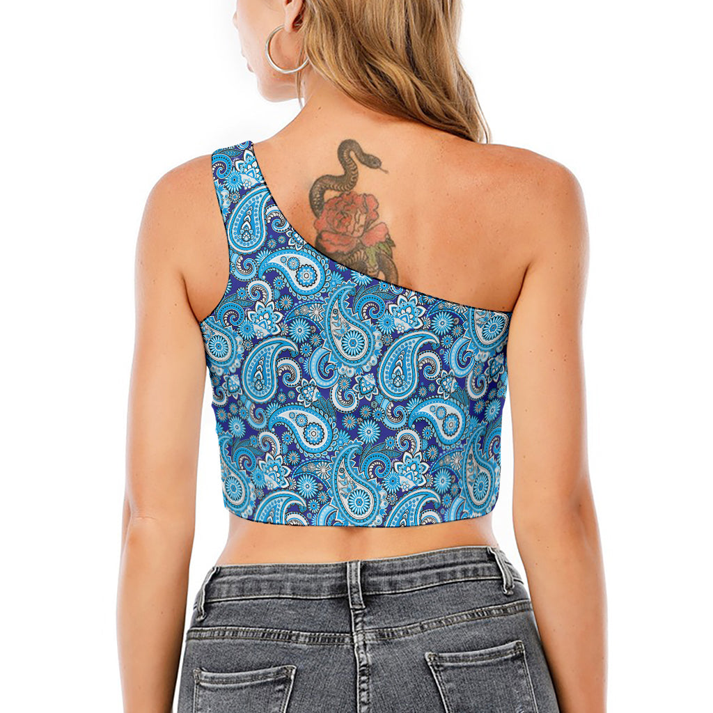 Blue Paisley Pattern Print One Shoulder Crop Top
