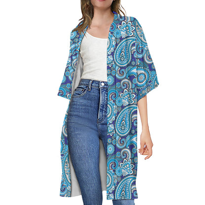Blue Paisley Pattern Print Open Front Beach Cover Up