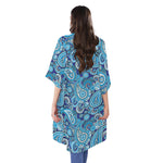 Blue Paisley Pattern Print Open Front Beach Cover Up