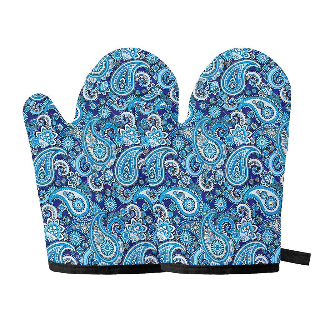 Blue Paisley Pattern Print Oven Mitts