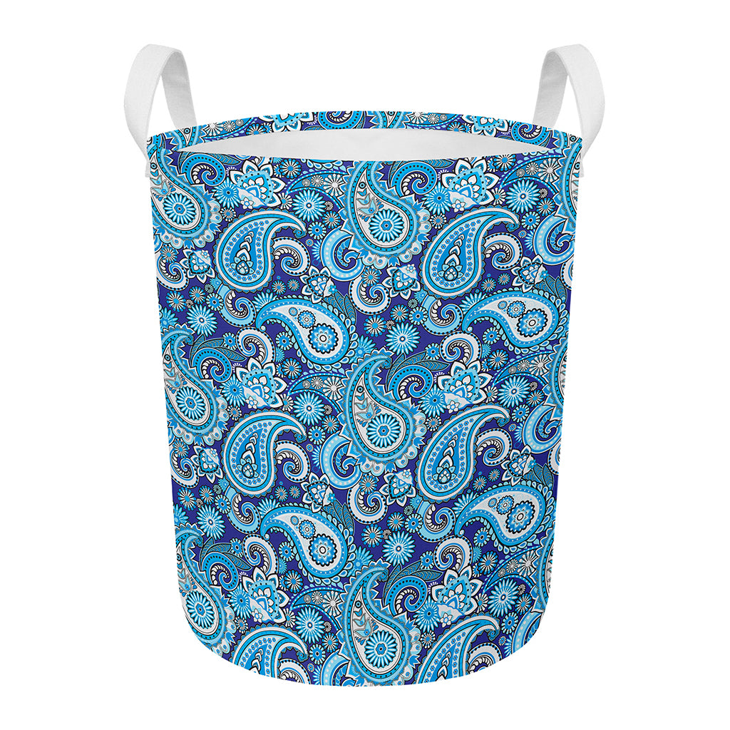 Blue Paisley Pattern Print Round Laundry Basket
