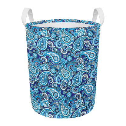Blue Paisley Pattern Print Round Laundry Basket