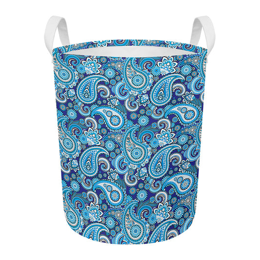 Blue Paisley Pattern Print Round Laundry Basket