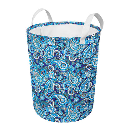 Blue Paisley Pattern Print Round Laundry Basket