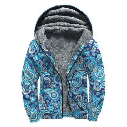 Blue Paisley Pattern Print Sherpa Lined Zip Up Hoodie