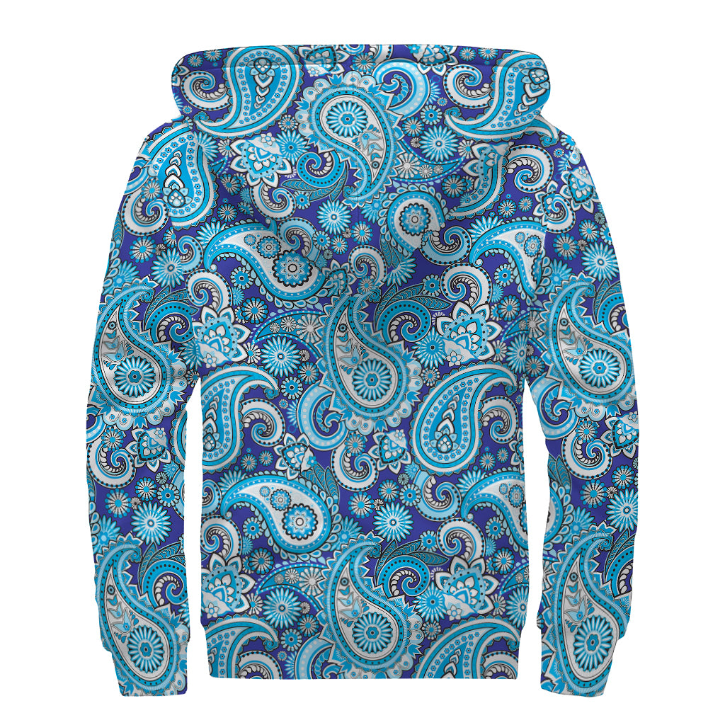Blue Paisley Pattern Print Sherpa Lined Zip Up Hoodie
