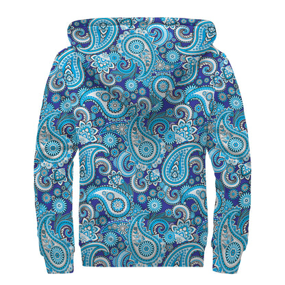 Blue Paisley Pattern Print Sherpa Lined Zip Up Hoodie