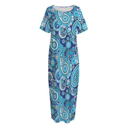 Blue Paisley Pattern Print Short Sleeve Long Nightdress