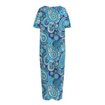 Blue Paisley Pattern Print Short Sleeve Long Nightdress