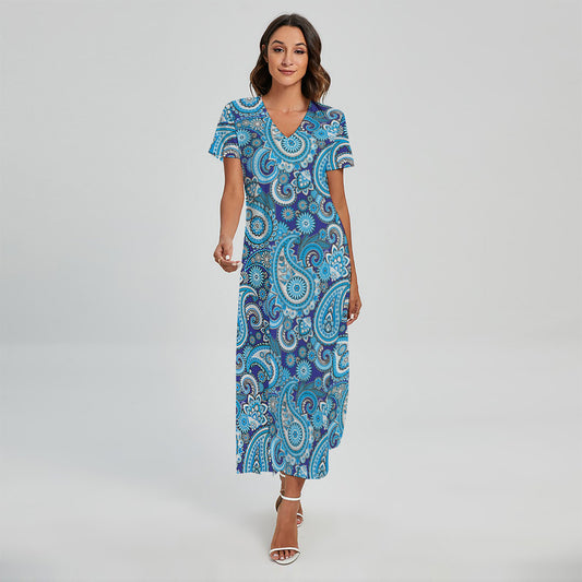 Blue Paisley Pattern Print Short Sleeve Maxi Dress