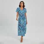 Blue Paisley Pattern Print Short Sleeve Maxi Dress
