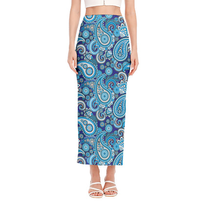 Blue Paisley Pattern Print Side Slit Maxi Skirt