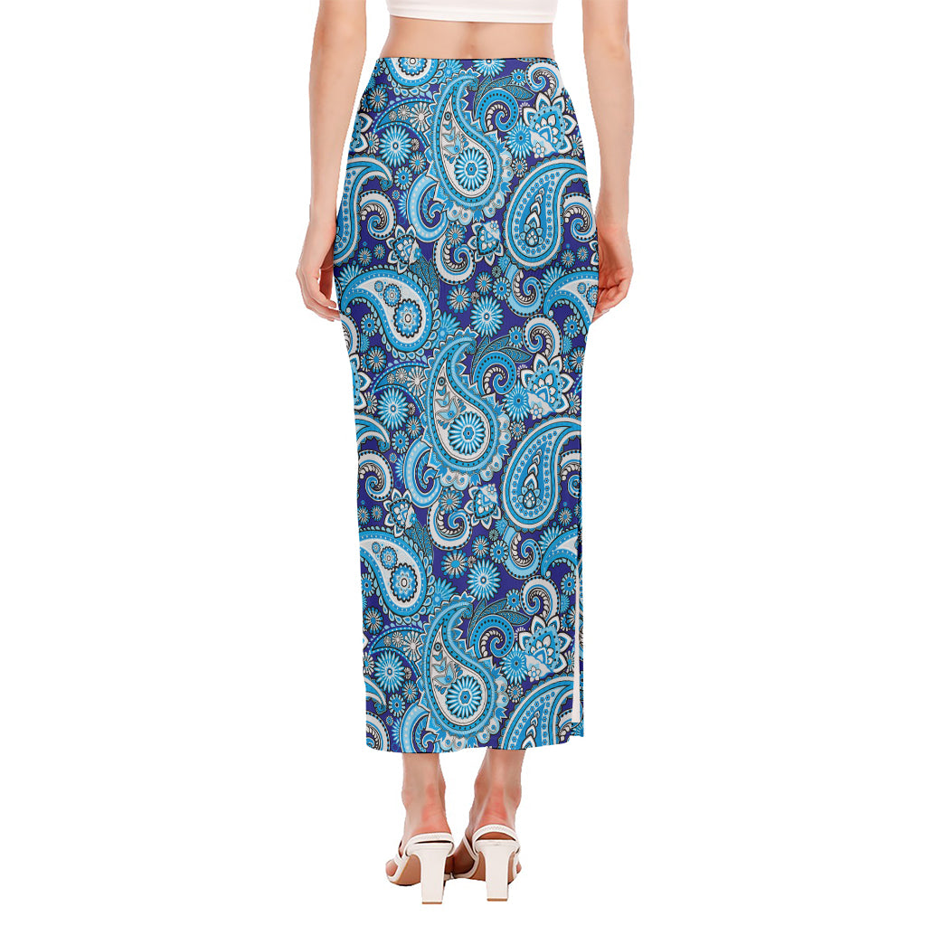 Blue Paisley Pattern Print Side Slit Maxi Skirt
