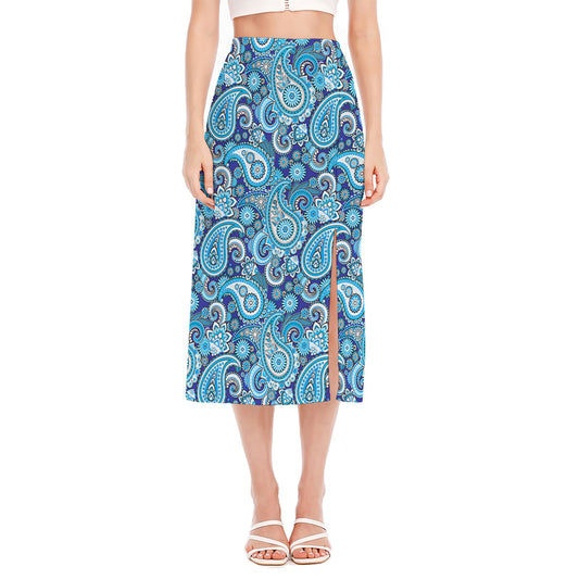Blue Paisley Pattern Print Side Slit Midi Skirt