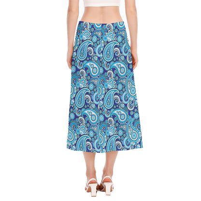 Blue Paisley Pattern Print Side Slit Midi Skirt