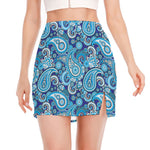 Blue Paisley Pattern Print Side Slit Mini Skirt