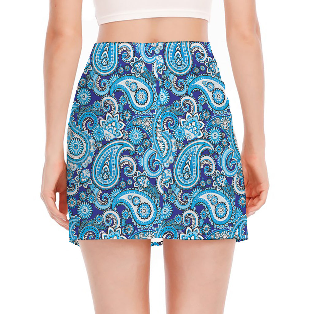 Blue Paisley Pattern Print Side Slit Mini Skirt