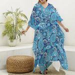 Blue Paisley Pattern Print Silk V-Neck Kaftan Dress