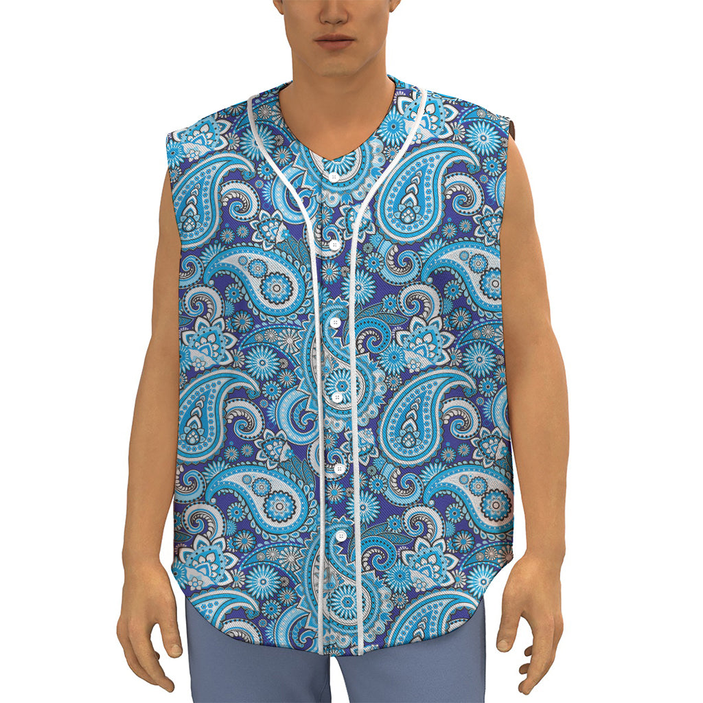 Blue Paisley Pattern Print Sleeveless Baseball Jersey
