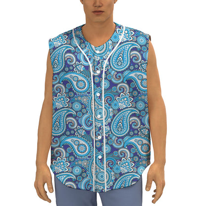 Blue Paisley Pattern Print Sleeveless Baseball Jersey