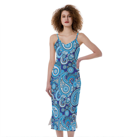 Blue Paisley Pattern Print Slim Fit Midi Cami Dress