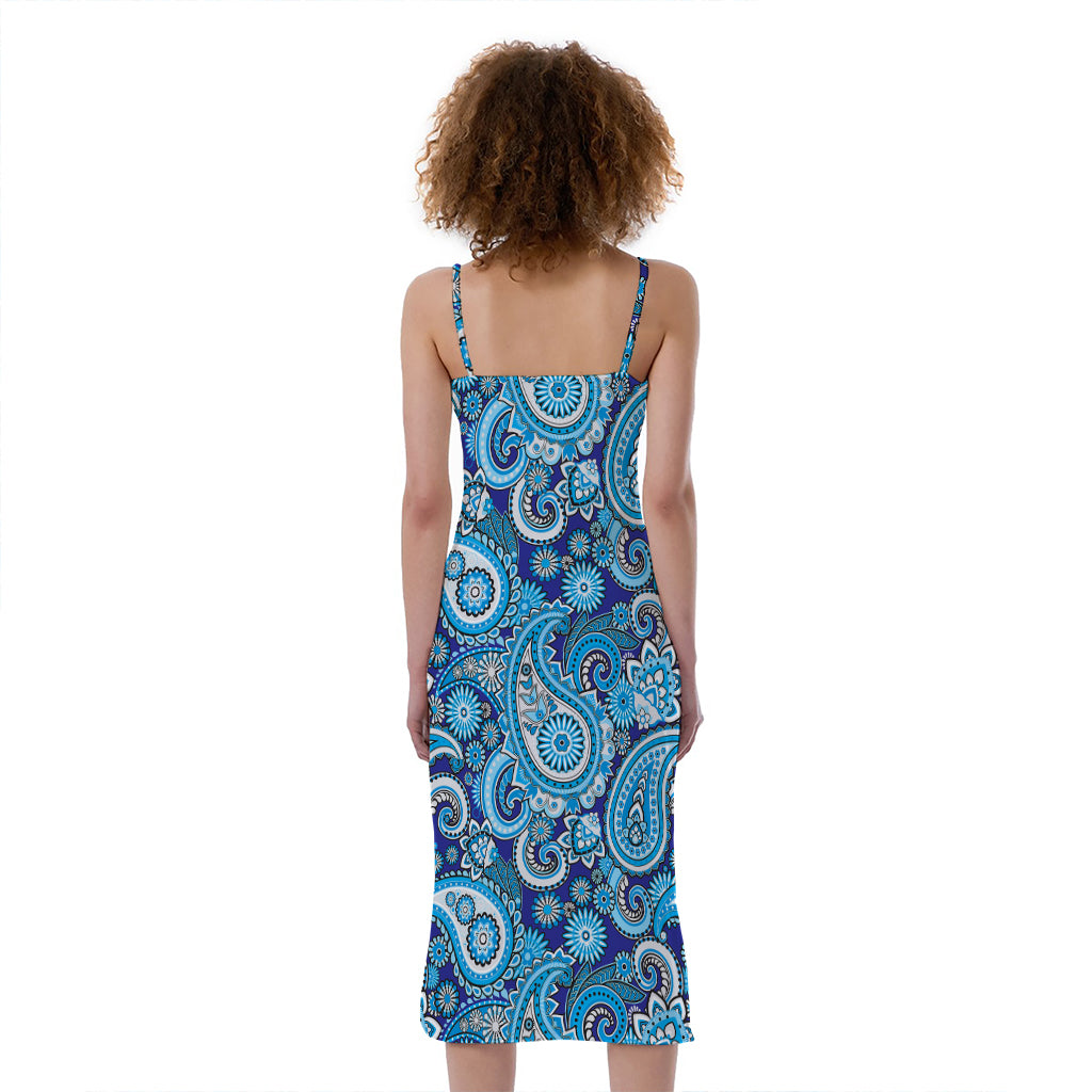 Blue Paisley Pattern Print Slim Fit Midi Cami Dress