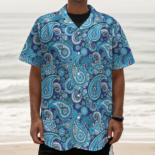 Blue Paisley Pattern Print Textured Short Sleeve Shirt