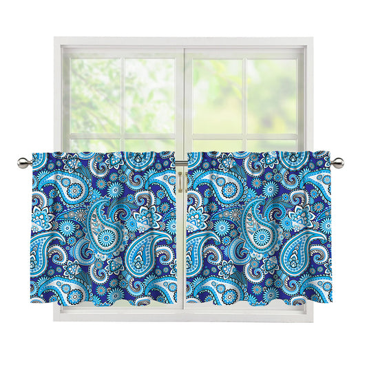 Blue Paisley Pattern Print Tier Curtains