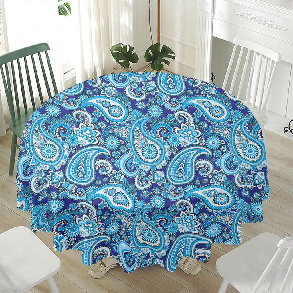 Blue Paisley Pattern Print Waterproof Round Tablecloth