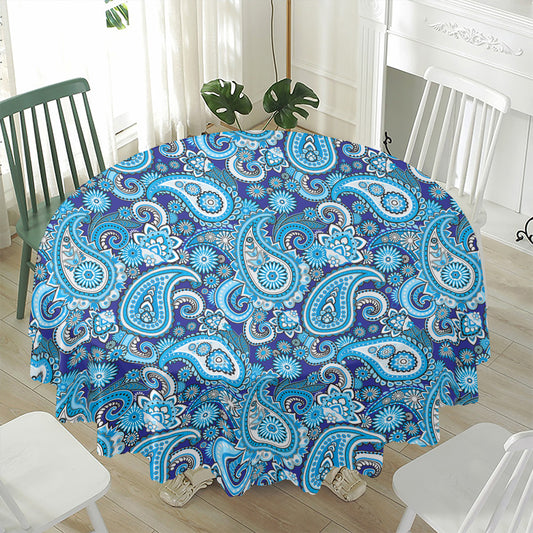 Blue Paisley Pattern Print Waterproof Round Tablecloth
