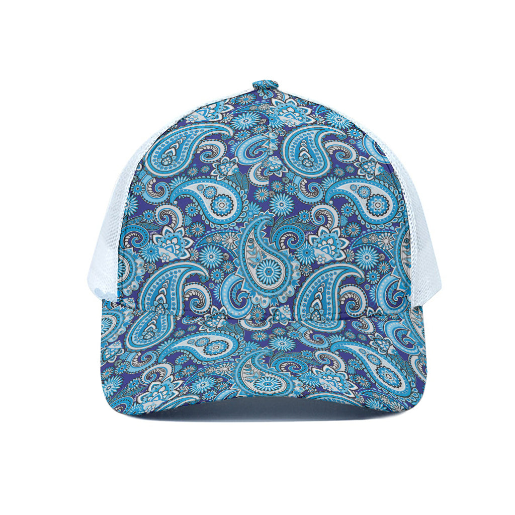 Blue Paisley Pattern Print White Mesh Trucker Cap