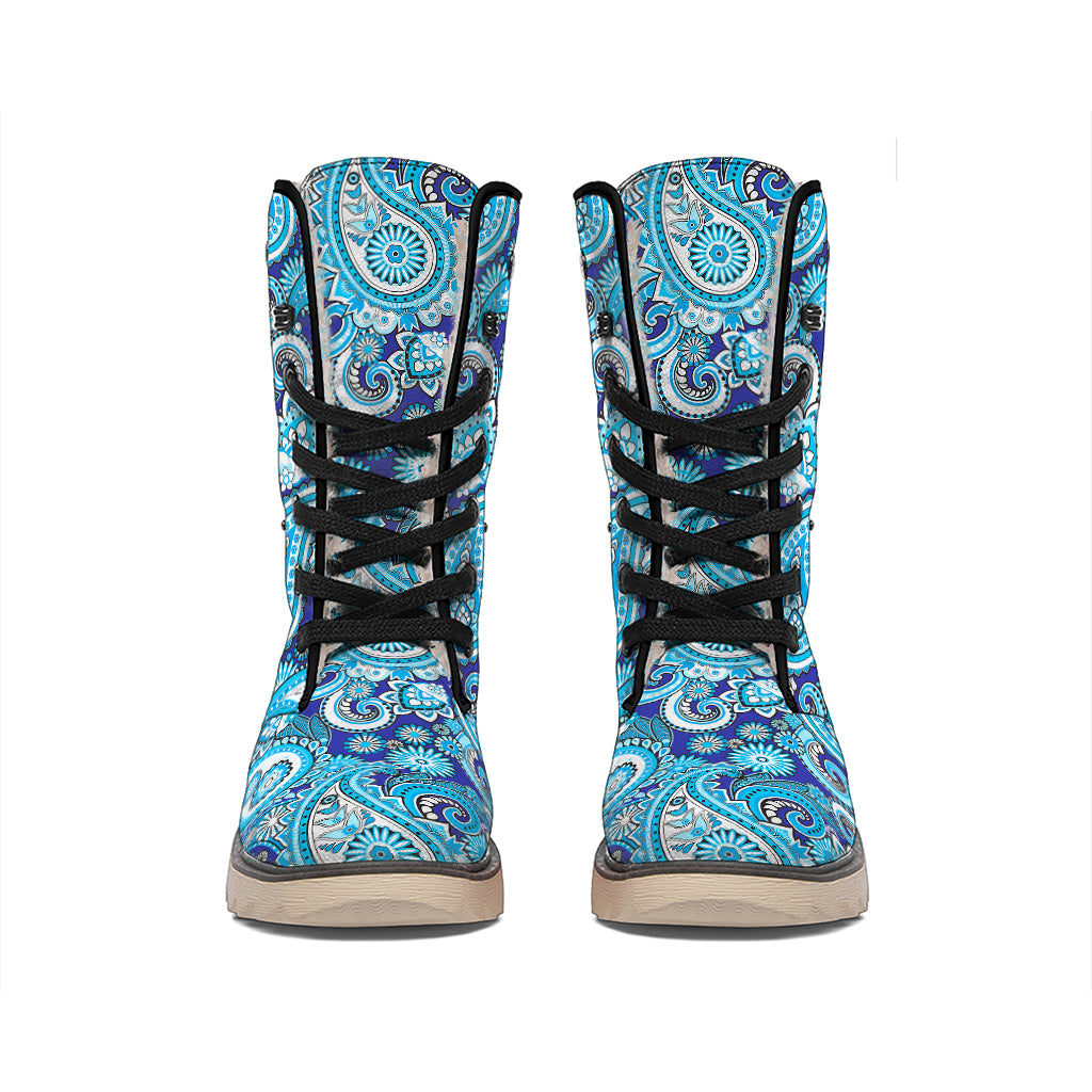 Blue Paisley Pattern Print Winter Boots