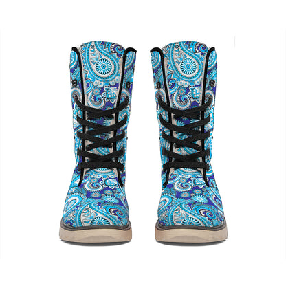 Blue Paisley Pattern Print Winter Boots