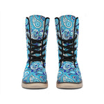 Blue Paisley Pattern Print Winter Boots