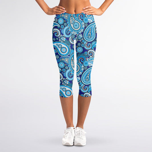 Blue Paisley Pattern Print Women's Capri Leggings