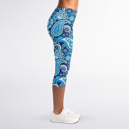 Blue Paisley Pattern Print Women's Capri Leggings
