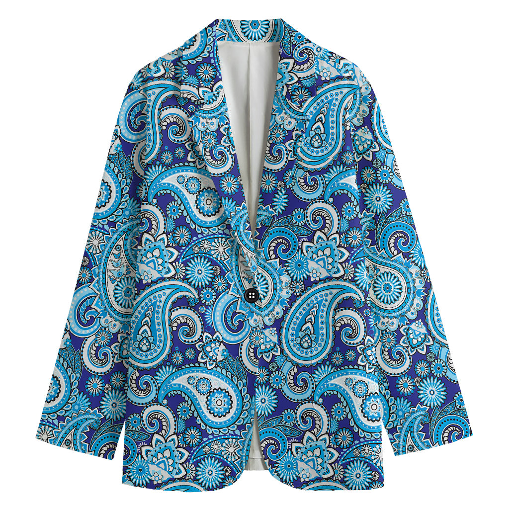 Blue Paisley Pattern Print Women's Cotton Blazer