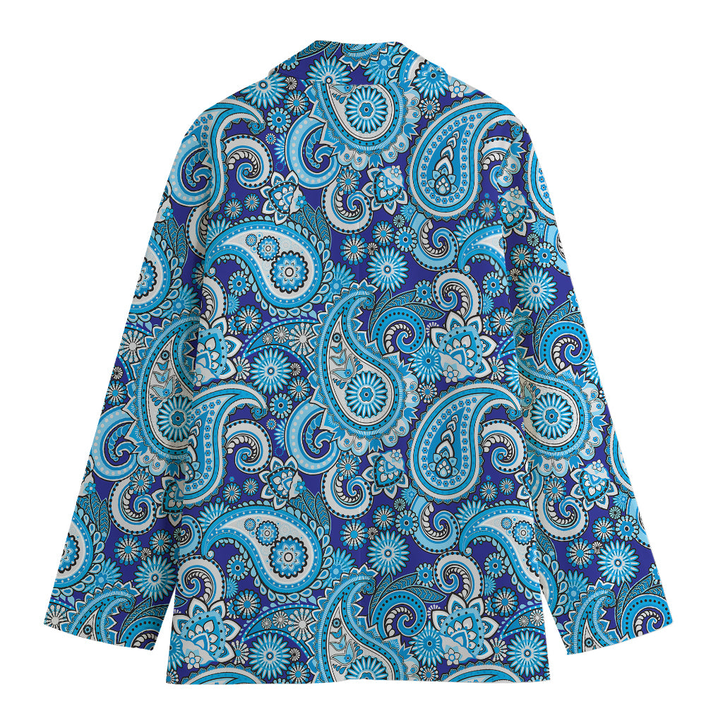 Blue Paisley Pattern Print Women's Cotton Blazer