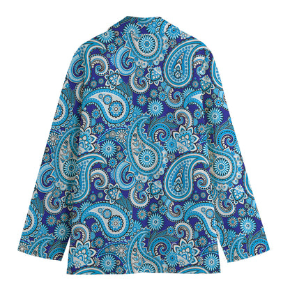 Blue Paisley Pattern Print Women's Cotton Blazer