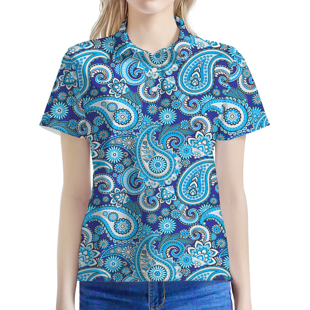 Blue Paisley Pattern Print Women's Polo Shirt